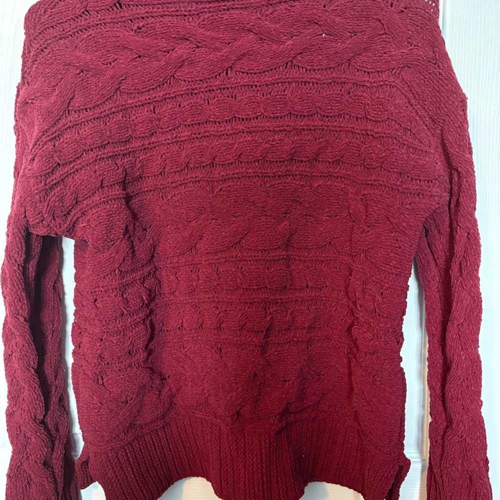 Time and Tru Off-the-Shoulder Cable Knit Sweater - Burgundy
